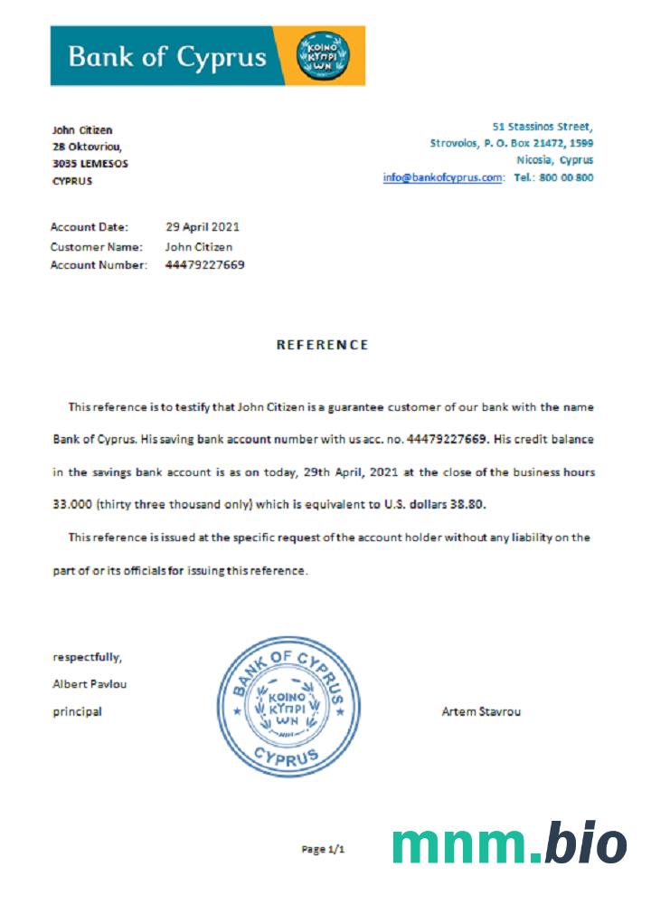 Przykład odniesienia Cyprus Bank Of Cyprus w formatach Word i PDF